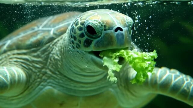 Macro close up underwater turtle biting crisp green lettuce with tiny bubbles rising, capturing slow chew and detailed texture of aquatic reptile shell and skin in natural environment