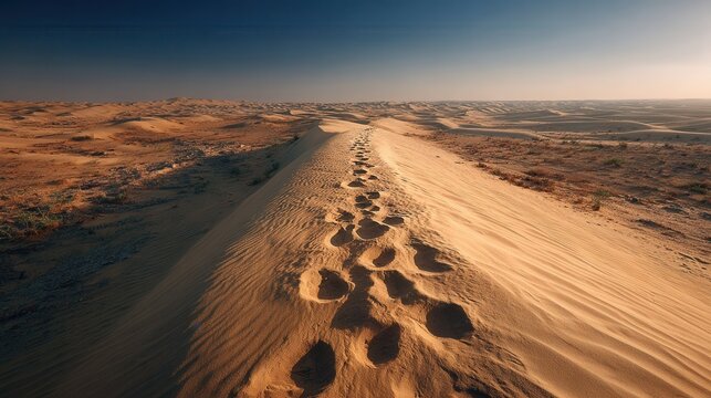 Footsteps ascending desert sand hill in bright light