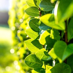 Close-up view of vibrant green leaves in a hedge bathed in sunlight, showcasing the detailed textures and patterns of the foliage.