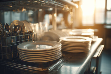 Clean white plates and cutlery stacked neatly in a commercial kitchen dishwasher rack, warm sunlight shining through the window creating a cozy atmosphere.