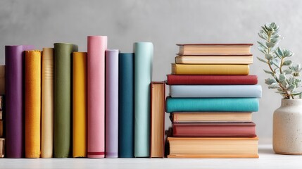 Piles of books in white studio setup, clean minimal background