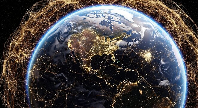 Global connectivity digital network overlaying earth at night