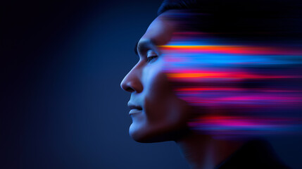 Profile of man with neon light trails streaming from his head, futuristic digital concept. 
