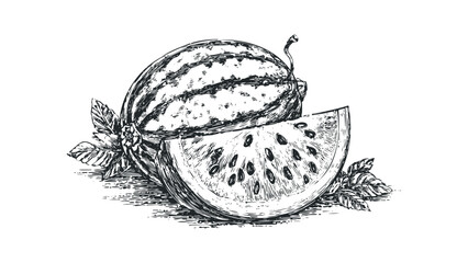 Pencil sketch of a watermelon wedge and whole fruit with leaves on transparent background. Vector hand drawn illustration