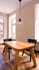 A light-filled dining area showcases a simple, wooden table with black chairs and a hanging pendant light.