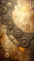 Fototapeta premium Intricate gears and clockwork machinery embellish a vintage map, creating a detailed and ornate design.