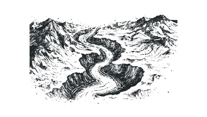 Pen and ink drawing of a winding river canyon in a mountain range on a transparent background. Vector hand drawn illustration