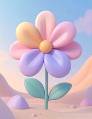 Fototapeta premium A cheerful, pastel-colored flower stands tall in a sandy, desert-like landscape, illuminated by a soft, ethereal light.