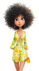 Vibrant Character Portrait: An animated portrait of a stylish individual, their lush curly hair a striking frame for a vivid fashion statement
