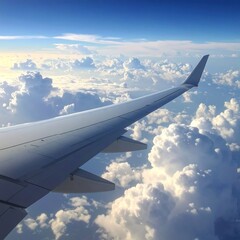 Obraz premium A wing of a plane extends across a vast expanse of fluffy, white clouds against a vibrant blue sky.