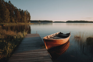 Obraz premium Wooden rowboat tied to a small pier on a calm lake at sunset, surrounded by reeds and forest, tranquil and peaceful nature landscape