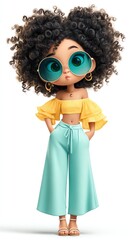 Stylish Doll: A cute doll, wearing stylish apparel with eye-catching big glasses, striking a confident pose with a friendly charm and modern appeal.