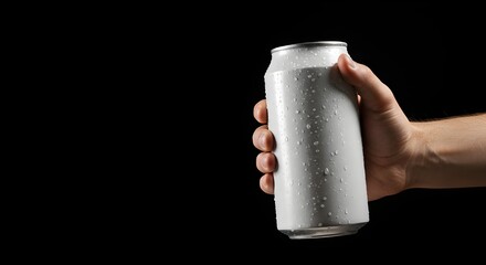 Refreshing Drink Hand Holding Cold Soda Can Against Dark Background