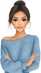 Elegant Illustration of a Woman in Casual Attire: A stylish woman, adorned in a fashionable off-the-shoulder top, showcases poise and confidence.