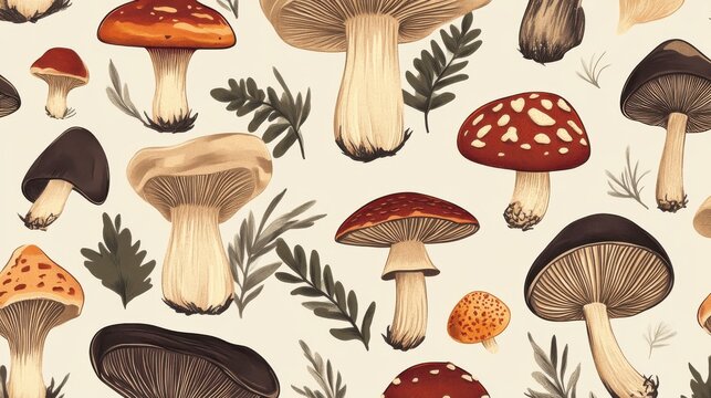 Adorable watercolor seamless pattern for fall on dark background with red toadstools, mushrooms and wild flowers
