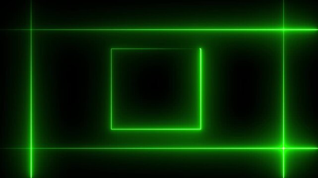 Rectangular fire effect animation. Fire flame gradually appearing in a rectangle frame. Abstract neon line picture frame background neon glowing laser lines abstract background animation. green color.