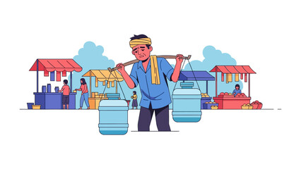 Bustling Marketplace Scene: A vibrant illustration capturing the energy of a marketplace, with a man carrying water containers, showcasing everyday life, bustling with activity.