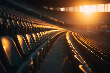Fototapeta premium Empty stadium seats with a row of yellow chairs standing out among dark rows, dramatic perspective highlighting contrast and pattern in sports arena.