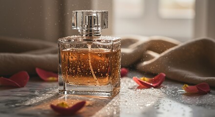 Transparent perfume bottle with pale amber liquid and dew drops on white marble with rose petals in soft natural light