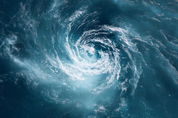 Powerful ocean whirlpool with swirling turquoise waves and foamy water, natural sea vortex symbolizing energy, force, and danger.