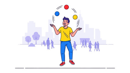Balancing Act: A skilled juggler, vibrant colors and a playful city backdrop create a scene of skill, entertainment, and joyful motion.