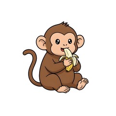 Cute and Happy Little Monkey Eating a Banana Cartoon Illustration