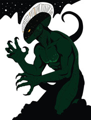 Obraz premium A green scaly reptile alien muscular body features a prominent bone-white 