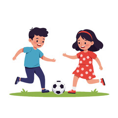 Joyful flat 2D vector illustration captures two happy children, a boy and a girl, playing a casual soccer game in a sunny park, rendered with vibrant colors and simplified forms.