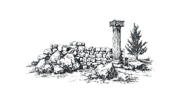 Sketch of ancient stone ruins with a lone column and coniferous tree. Vector hand drawn illustration