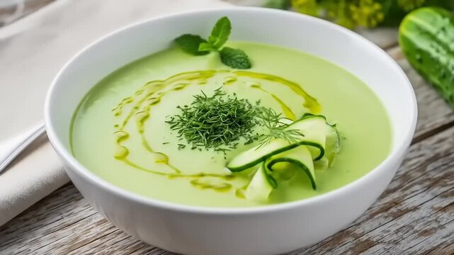 Fresh green cucumber soup garnished with herbs and olive oil, served in a white bowl on a rustic table