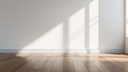 Sunlight on a white wall and wooden floor in an empty room.