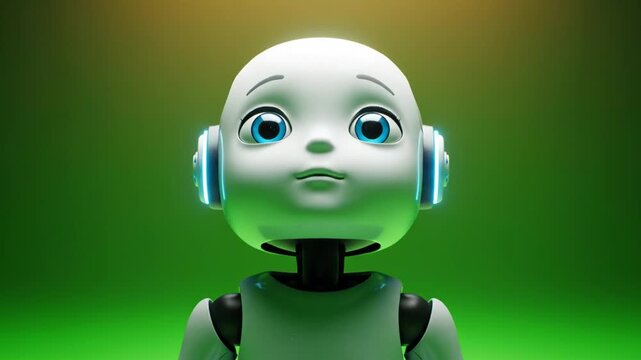 Cute robot portrait 3d render with glowing headphones against green backdrop futuristic technology concept