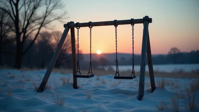 Winter scene with a swing set covered in snow, beautiful sunset in the background