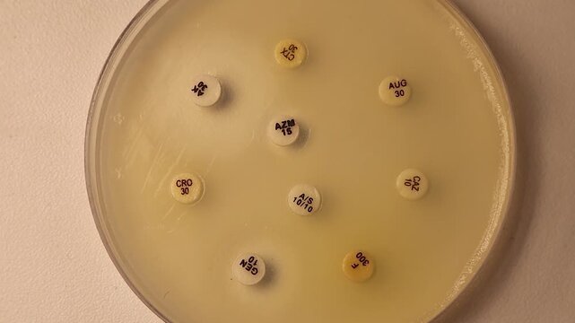 Antibiotic Susceptibility Test (Kirby-Bauer) on Petri dish with patient bacteria. AK 30 (Amikacin) is strongest, followed by GEN 10 Gentamicin and AZM 15 Azithromycin, showing clear inhibition zones