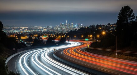 Fototapeta premium Cityscape at Night with Highway Traffic Light Trails