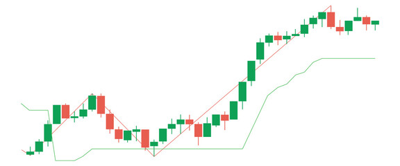 Green and red candlestick chart showing an uptrend isolated on transparent background