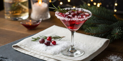Cranberry cocktail with sugared rim, cranberries, rosemary resting on snow-dusted napkin against Christmas lights creating festive holiday beverage presentation.