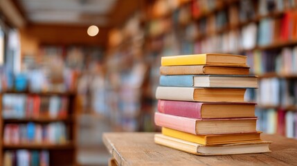 Stack of books on wooden table in library room with blurred bookshelf background, education and knowledge concept for school, learning, and academic study environment