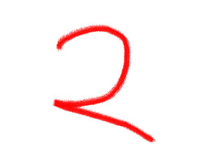 Red chalk number two isolated on transparent background