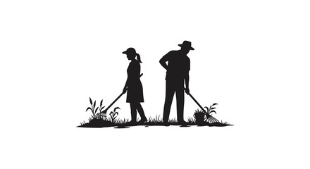 farmers working together in field with tools silhouette