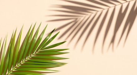 Fototapeta premium Palm frond and its shadow cast on a beige background, creating a tropical and minimalist aesthetic.