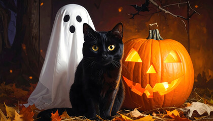 A Halloween pumpkin ghost, a black cat, and a ghost all together looking straight ahead
