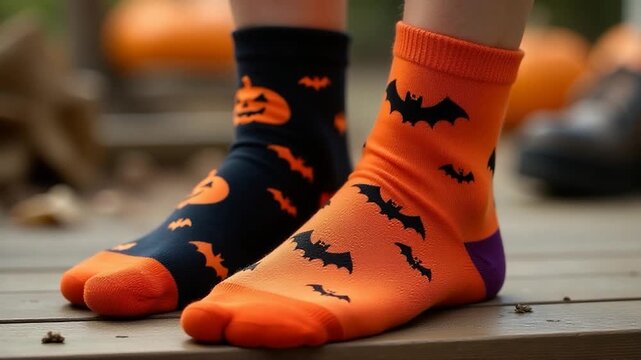 A pair of colorful socks featuring bats and pumpkins, perfect for Halloween or fall-themed designs