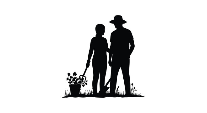 Naklejki father and child standing together holding flowers silhouette