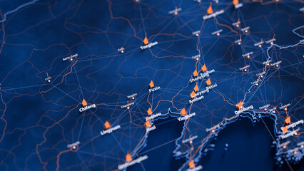 Fuxin map big data visualization. Futuristic map infographic of city in China. Visual map data complexity in modern blue and orange colors