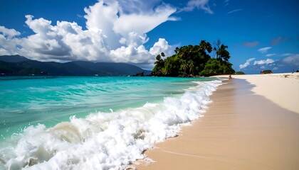 A tranquil tropical beach scene showcases a pristine white sand shore lapped by turquoise waves, a lush island in the background, and a vibrant blue sky filled with puffy clouds.