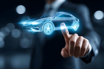 Futuristic man driving high-tech car with augmented reality HUD interface and holographic dashboard in city at night