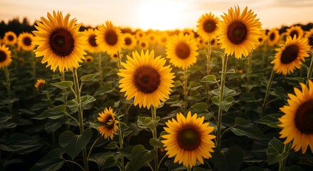 Fototapeta premium A Field of Sunflowers Radiant with Golden Hour Lighting