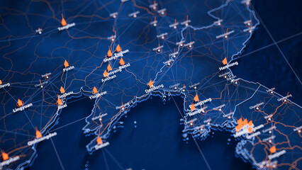 Dandong map big data visualization. Futuristic map infographic of city in China. Visual map data complexity in modern blue and orange colors