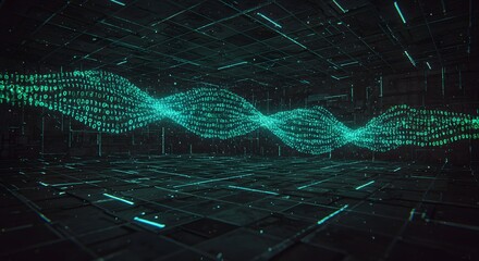 Minimal data stream visualization with glowing binary code flowing in perspective futuristic background
